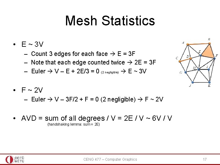 Mesh Statistics • E ~ 3 V – Count 3 edges for each face Mesh Statistics • E ~ 3 V – Count 3 edges for each face