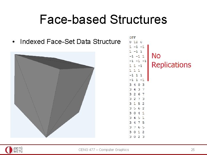 Face-based Structures • Indexed Face-Set Data Structure CENG 477 – Computer Graphics 25 Face-based Structures • Indexed Face-Set Data Structure CENG 477 – Computer Graphics 25