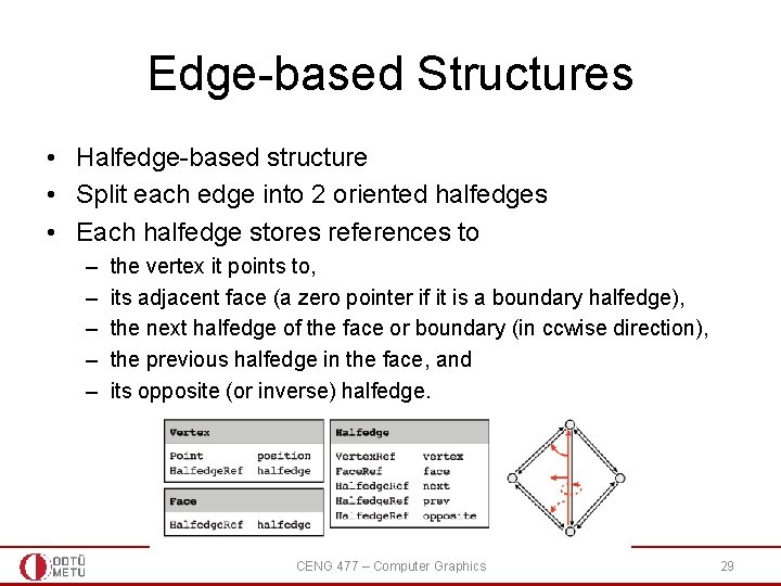 Edge-based Structures • Halfedge-based structure • Split each edge into 2 oriented halfedges • Edge-based Structures • Halfedge-based structure • Split each edge into 2 oriented halfedges •