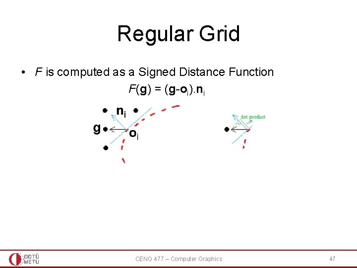 Regular Grid • F is computed as a Signed Distance Function F(g) = (g-oi). Regular Grid • F is computed as a Signed Distance Function F(g) = (g-oi).