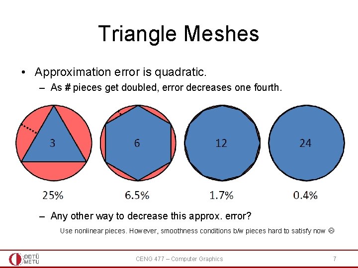 Triangle Meshes • Approximation error is quadratic. – As # pieces get doubled, error Triangle Meshes • Approximation error is quadratic. – As # pieces get doubled, error