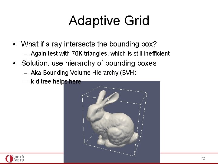 Adaptive Grid • What if a ray intersects the bounding box? – Again test Adaptive Grid • What if a ray intersects the bounding box? – Again test