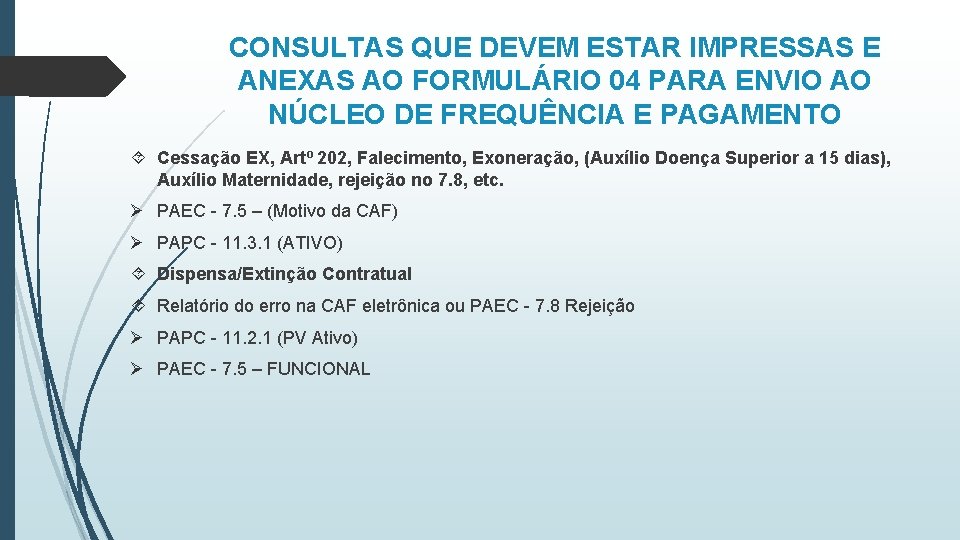 CONSULTAS QUE DEVEM ESTAR IMPRESSAS E ANEXAS AO FORMULÁRIO 04 PARA ENVIO AO NÚCLEO