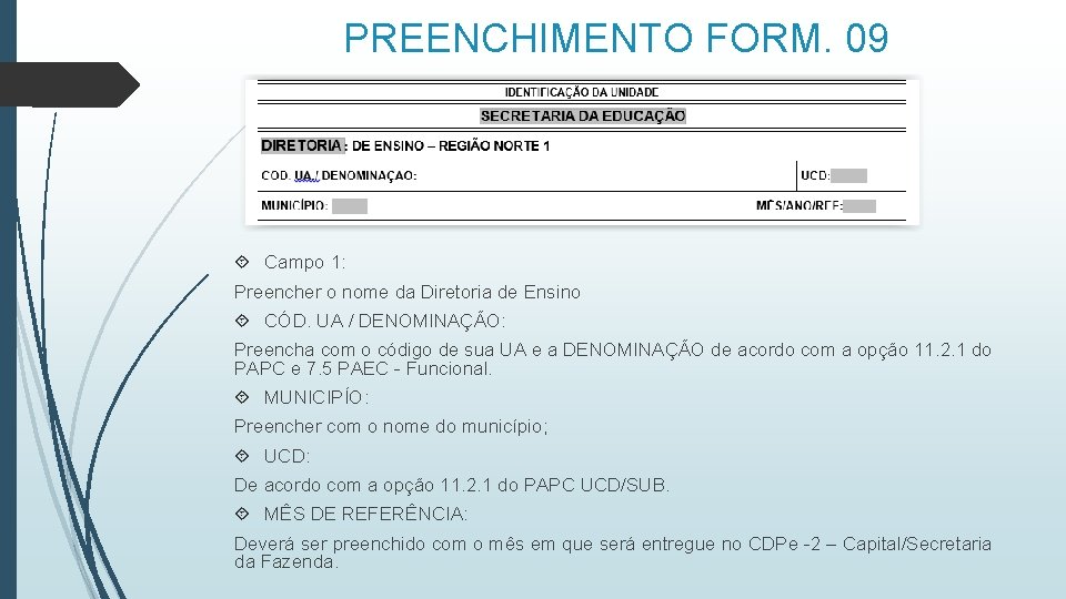PREENCHIMENTO FORM. 09 Campo 1: Preencher o nome da Diretoria de Ensino CÓD. UA