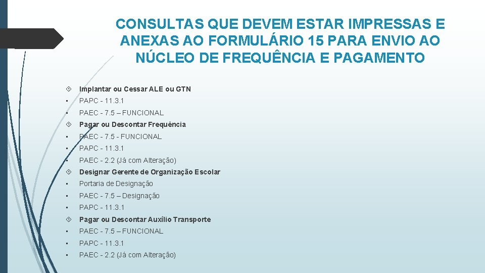 CONSULTAS QUE DEVEM ESTAR IMPRESSAS E ANEXAS AO FORMULÁRIO 15 PARA ENVIO AO NÚCLEO