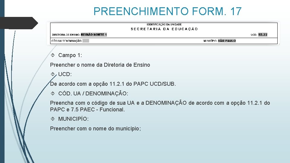 PREENCHIMENTO FORM. 17 Campo 1: Preencher o nome da Diretoria de Ensino UCD: De