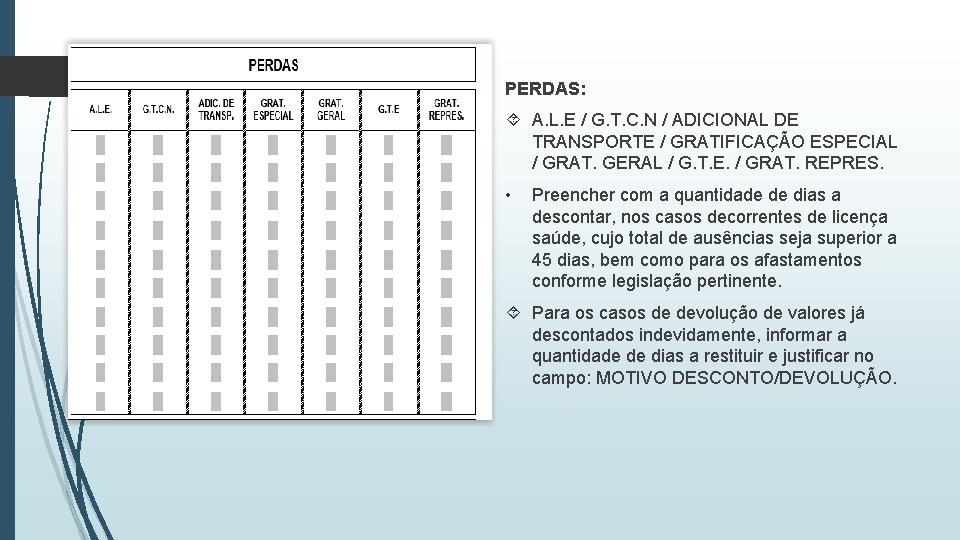 PERDAS: A. L. E / G. T. C. N / ADICIONAL DE TRANSPORTE /