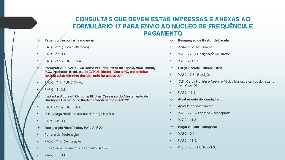 CONSULTAS QUE DEVEM ESTAR IMPRESSAS E ANEXAS AO FORMULÁRIO 17 PARA ENVIO AO NÚCLEO