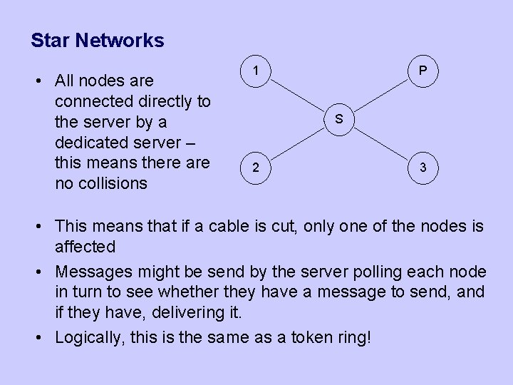 Star Networks • All nodes are connected directly to the server by a dedicated