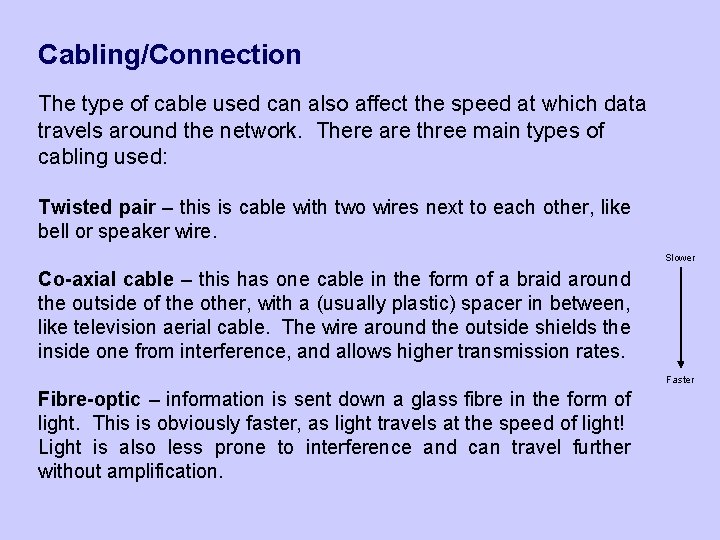 Cabling/Connection The type of cable used can also affect the speed at which data