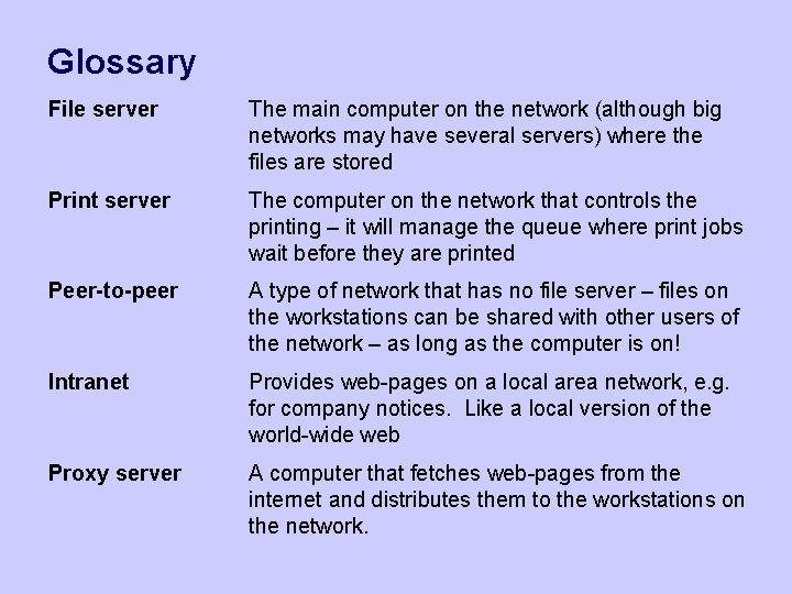 Glossary File server The main computer on the network (although big networks may have