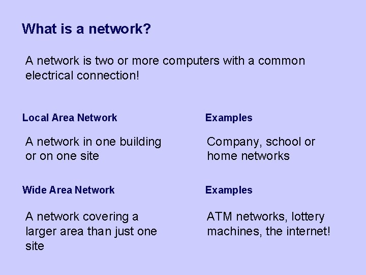 What is a network? A network is two or more computers with a common