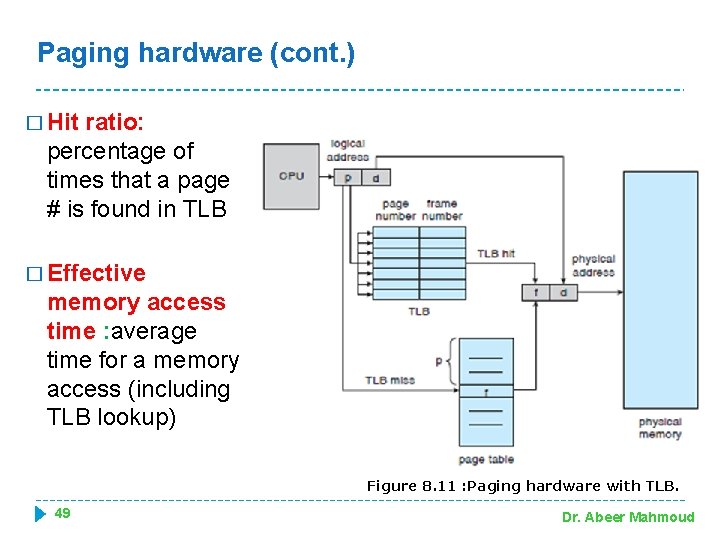 Paging hardware (cont. ) � Hit ratio: percentage of times that a page #