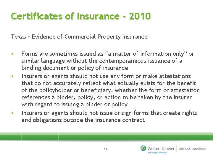 Certificates of Insurance - 2010 Texas – Evidence of Commercial Property Insurance • •