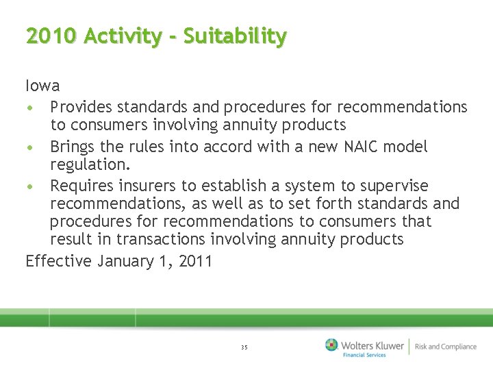 2010 Activity - Suitability Iowa • Provides standards and procedures for recommendations to consumers