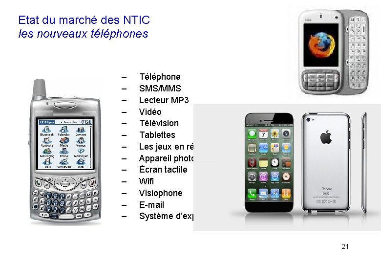 Etat du marché des NTIC les nouveaux téléphones – – – – Téléphone SMS/MMS