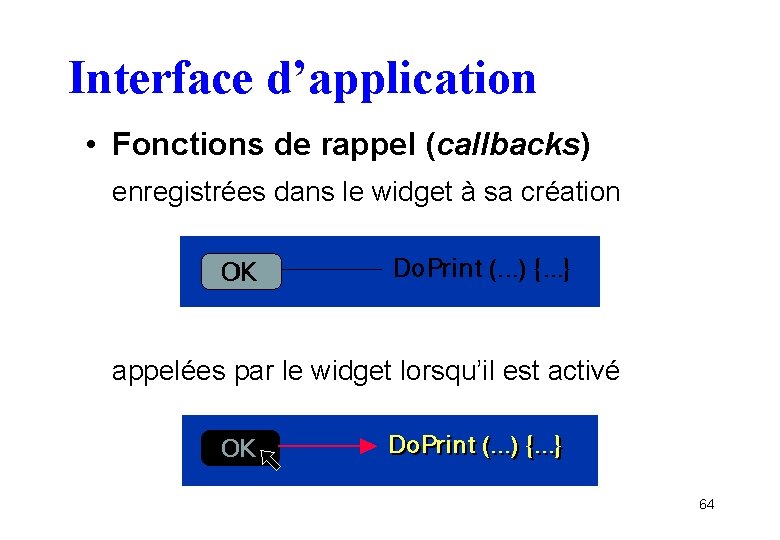 Interface d’application • Fonctions de rappel (callbacks) enregistrées dans le widget à sa création