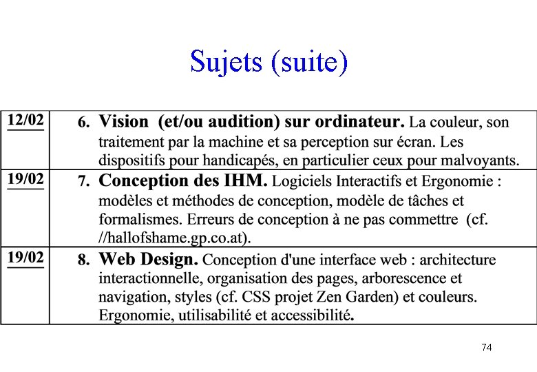 Sujets (suite) 74 