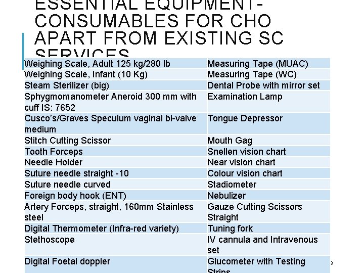 ESSENTIAL EQUIPMENTCONSUMABLES FOR CHO APART FROM EXISTING SC SERVICES Weighing Scale, Adult 125 kg/280 ESSENTIAL EQUIPMENTCONSUMABLES FOR CHO APART FROM EXISTING SC SERVICES Weighing Scale, Adult 125 kg/280