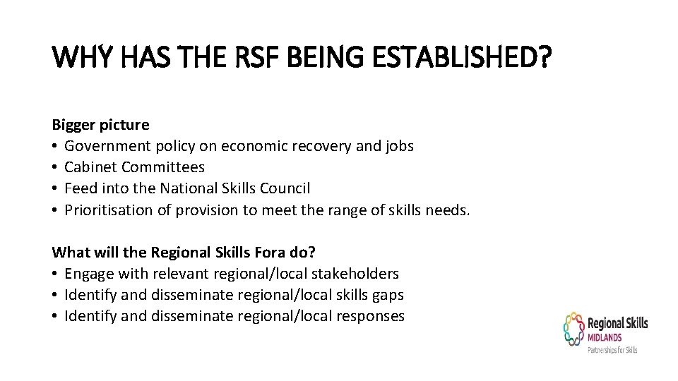 WHY HAS THE RSF BEING ESTABLISHED? Bigger picture • Government policy on economic recovery