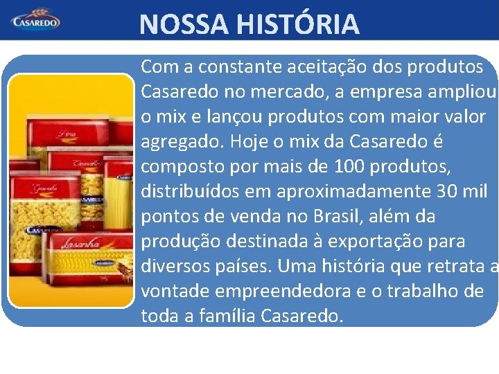 NOSSA HISTÓRIA Com a constante aceitação dos produtos Casaredo no mercado, a empresa ampliou