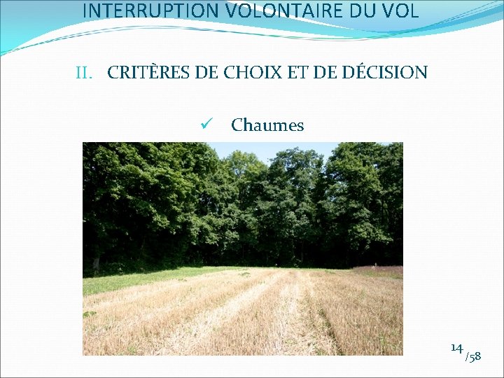 INTERRUPTION VOLONTAIRE DU VOL II. CRITÈRES DE CHOIX ET DE DÉCISION ü Chaumes 14 INTERRUPTION VOLONTAIRE DU VOL II. CRITÈRES DE CHOIX ET DE DÉCISION ü Chaumes 14