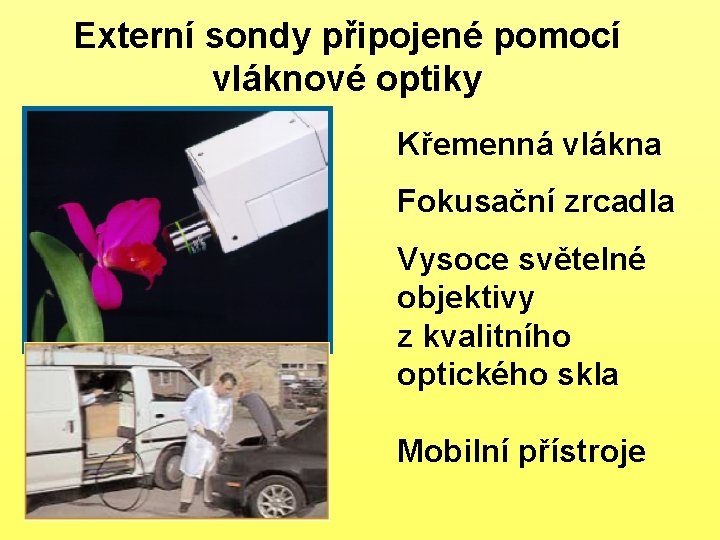 Externí sondy připojené pomocí vláknové optiky Křemenná vlákna Fokusační zrcadla Vysoce světelné objektivy z