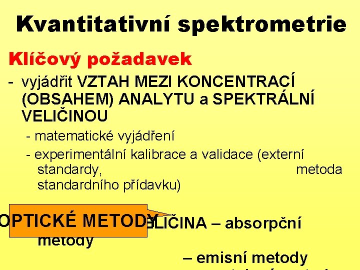 Kvantitativní spektrometrie Klíčový požadavek - vyjádřit VZTAH MEZI KONCENTRACÍ (OBSAHEM) ANALYTU a SPEKTRÁLNÍ VELIČINOU