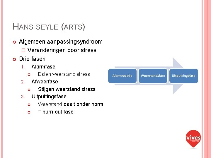 HANS SEYLE (ARTS) Algemeen aanpassingsyndroom � Veranderingen door stress Drie fasen Alarmfase 1. Dalen