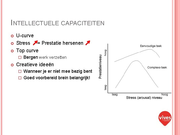 INTELLECTUELE CAPACITEITEN U-curve Stress = Prestatie hersenen Top curve � Bergen werk verzetten Creatieve