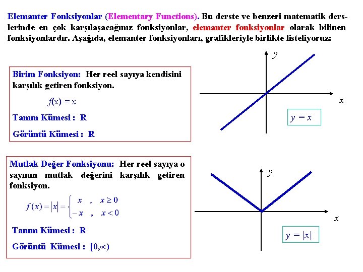 Elemanter Fonksiyonlar (Elementary Functions). Bu derste ve benzeri matematik derslerinde en çok karşılaşacağınız fonksiyonlar,