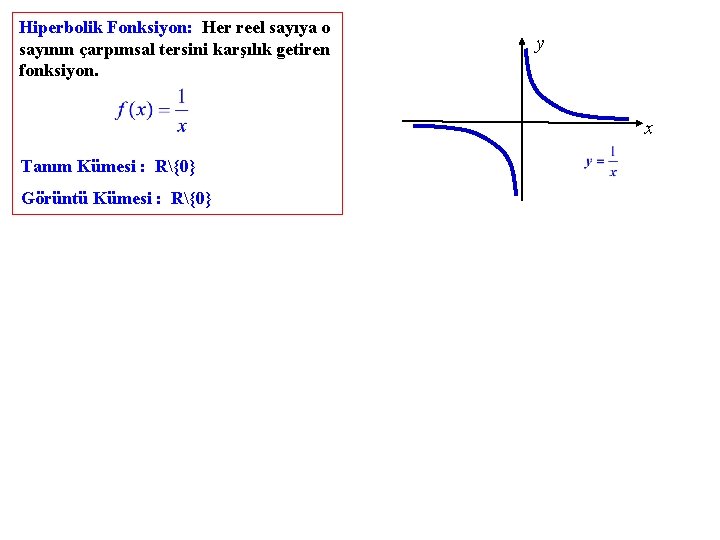 Hiperbolik Fonksiyon: Her reel sayıya o sayının çarpımsal tersini karşılık getiren fonksiyon. y x