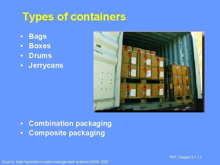 Types of containers • • Bags Boxes Drums Jerrycans • Combination packaging • Composite