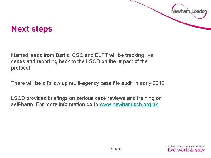 Next steps Named leads from Bart’s, CSC and ELFT will be tracking live cases