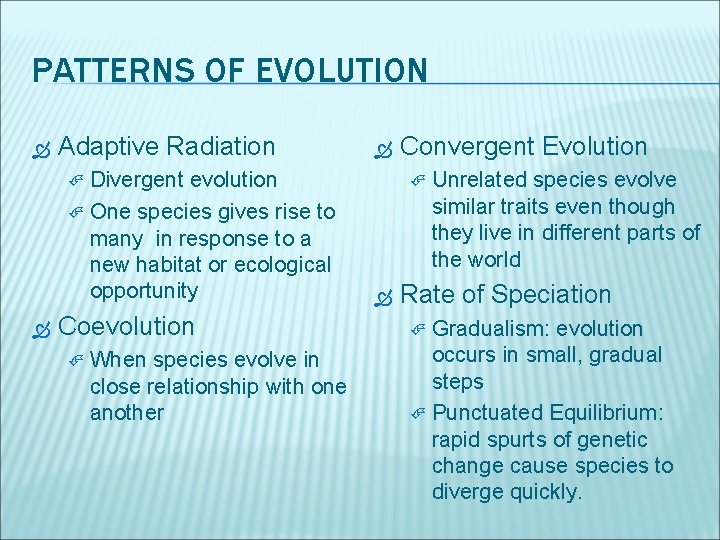 PATTERNS OF EVOLUTION Adaptive Radiation Divergent evolution One species gives rise to many in