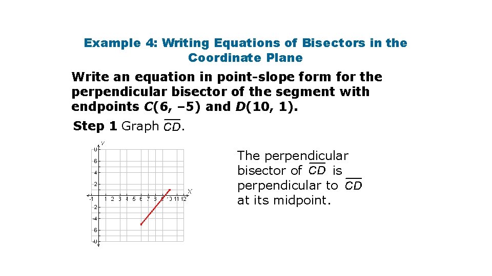 Example 4: Writing Equations of Bisectors in the Coordinate Plane Write an equation in