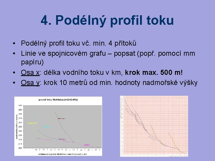 4. Podélný profil toku • Podélný profil toku vč. min. 4 přítoků • Linie