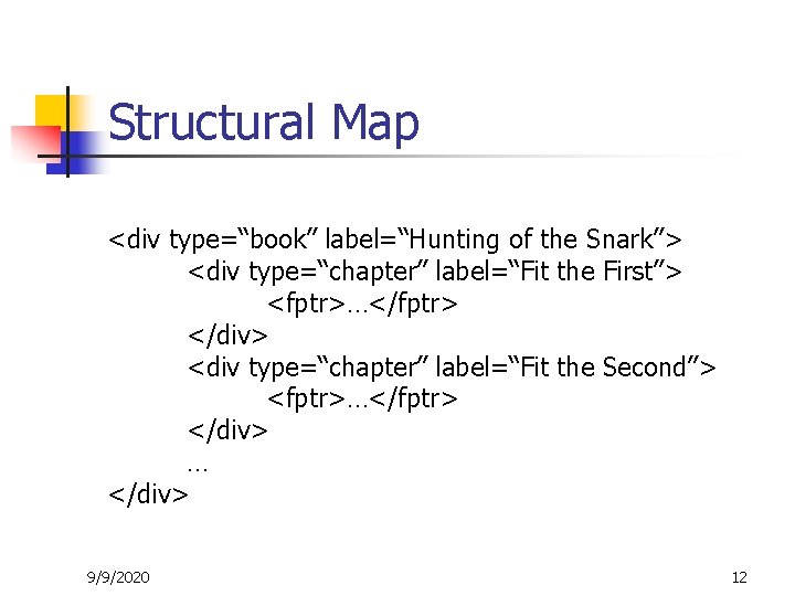 Structural Map <div type=“book” label=“Hunting of the Snark”> <div type=“chapter” label=“Fit the First”> <fptr>…</fptr>