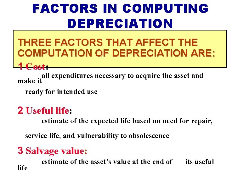 FACTORS IN COMPUTING DEPRECIATION THREE FACTORS THAT AFFECT THE COMPUTATION OF DEPRECIATION ARE: 1