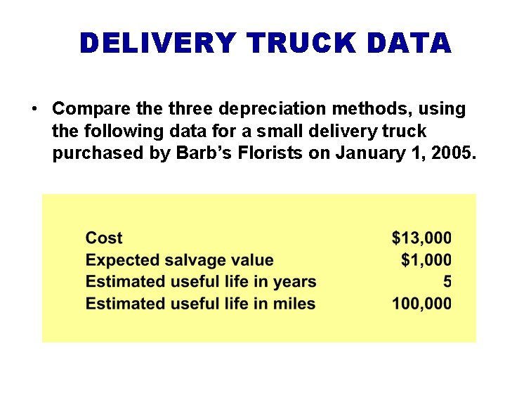 DELIVERY TRUCK DATA • Compare three depreciation methods, using the following data for a