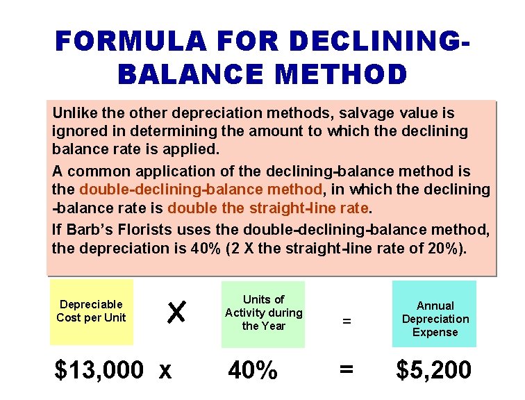 FORMULA FOR DECLININGBALANCE METHOD Unlike the other depreciation methods, salvage value is ignored in