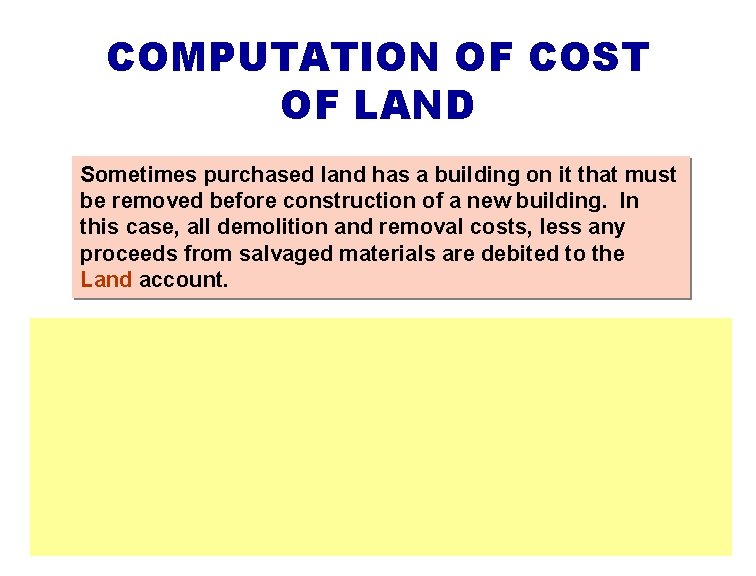 COMPUTATION OF COST OF LAND Sometimes purchased land has a building on it that