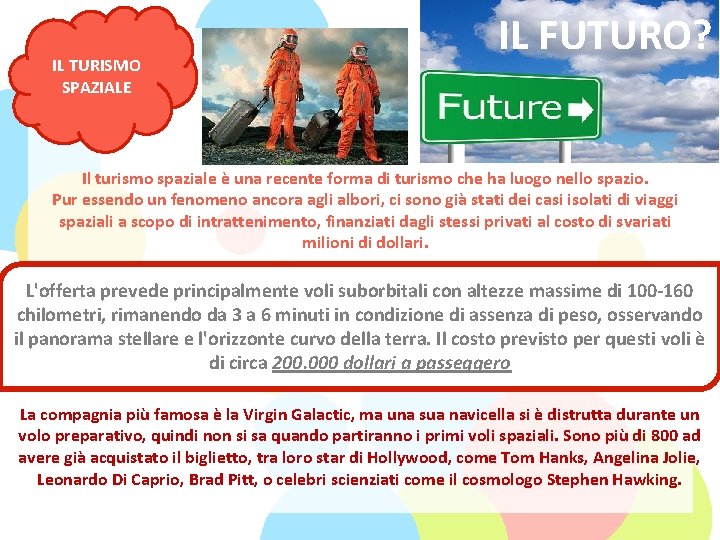 IL TURISMO SPAZIALE IL FUTURO? Il turismo spaziale è una recente forma di turismo