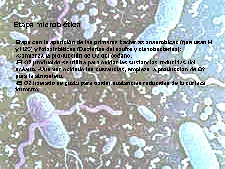 Etapa microbiótica Etapa con la aparición de las primeras bacterias anaeróbicas (que usan H