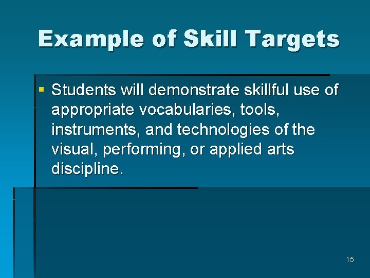 Example of Skill Targets § Students will demonstrate skillful use of appropriate vocabularies, tools,