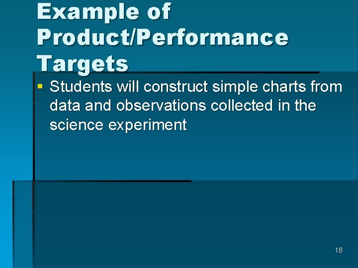 Example of Product/Performance Targets § Students will construct simple charts from data and observations