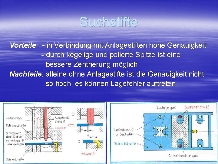 Suchstifte Vorteile : - in Verbindung mit Anlagestiften hohe Genauigkeit - durch kegelige und