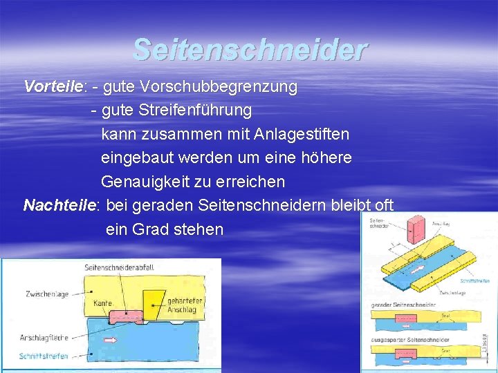 Seitenschneider Vorteile: - gute Vorschubbegrenzung - gute Streifenführung kann zusammen mit Anlagestiften eingebaut werden