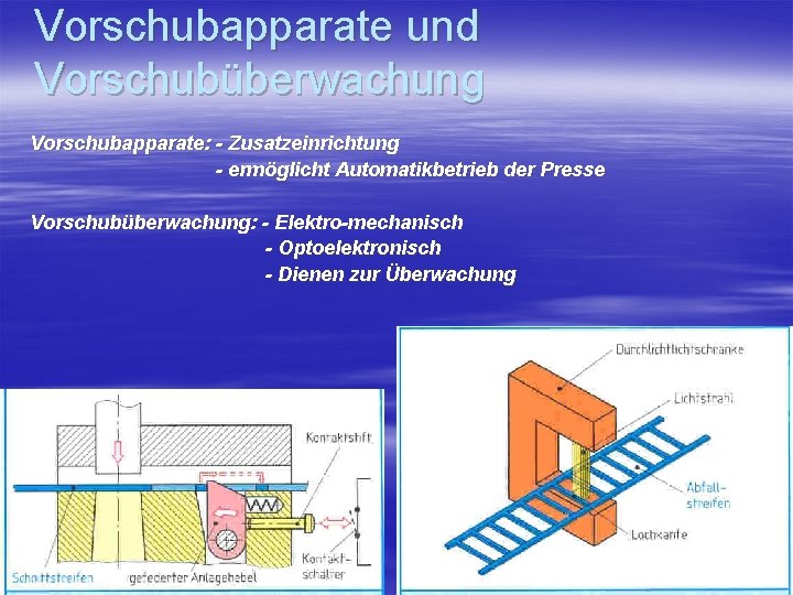 Vorschubapparate und Vorschubüberwachung Vorschubapparate: - Zusatzeinrichtung - ermöglicht Automatikbetrieb der Presse Vorschubüberwachung: - Elektro-mechanisch