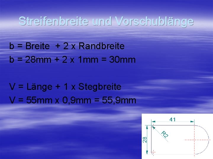 Streifenbreite und Vorschublänge b = Breite + 2 x Randbreite b = 28 mm